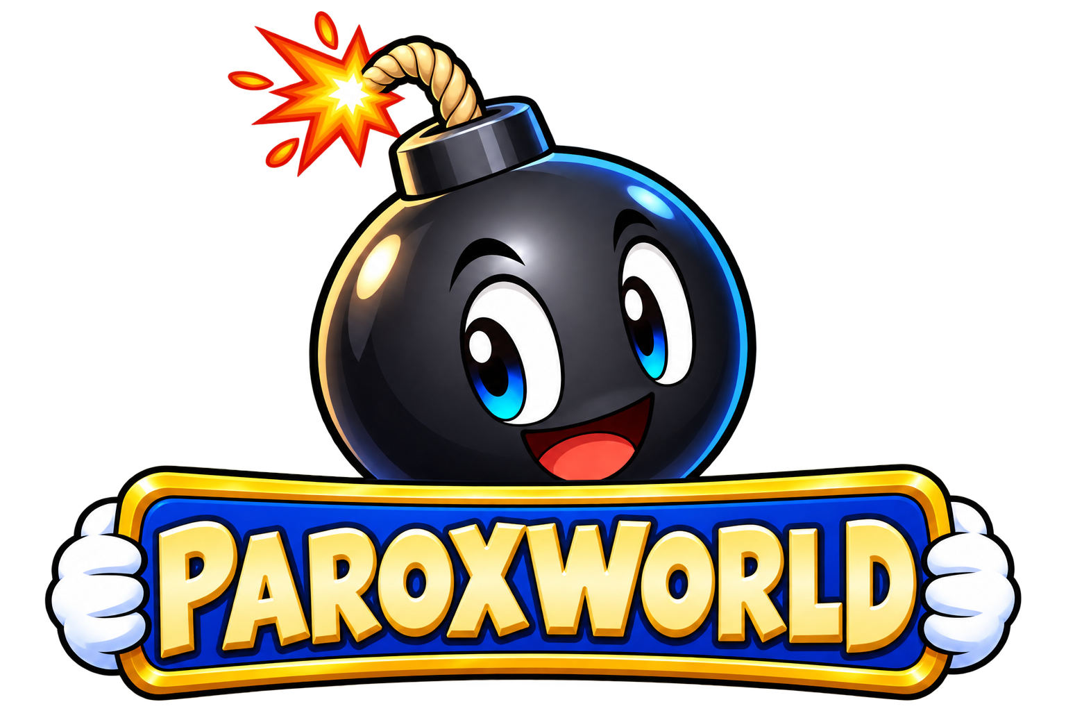 La tête de bombe et ses mains présentent la pancarte PAROXWORLD au-dessus du cadre